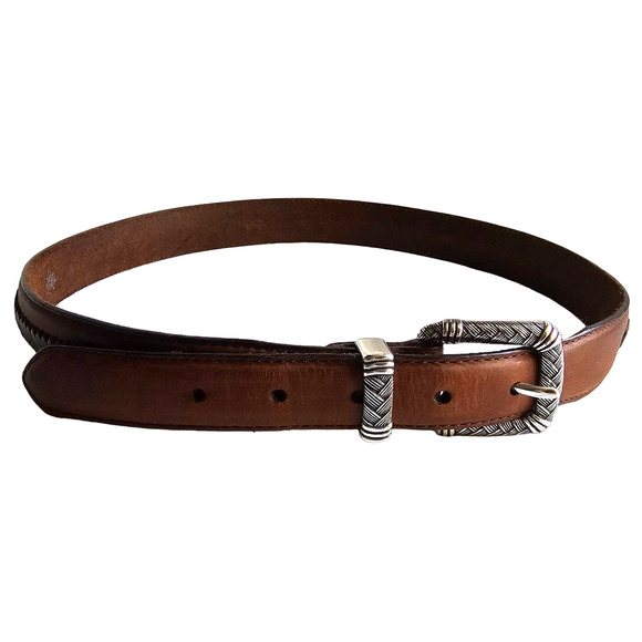 Territory Ahead Brown Braided Rainbow Leather Belt Sz 32 Silver Buckle - Picture 1 of 5